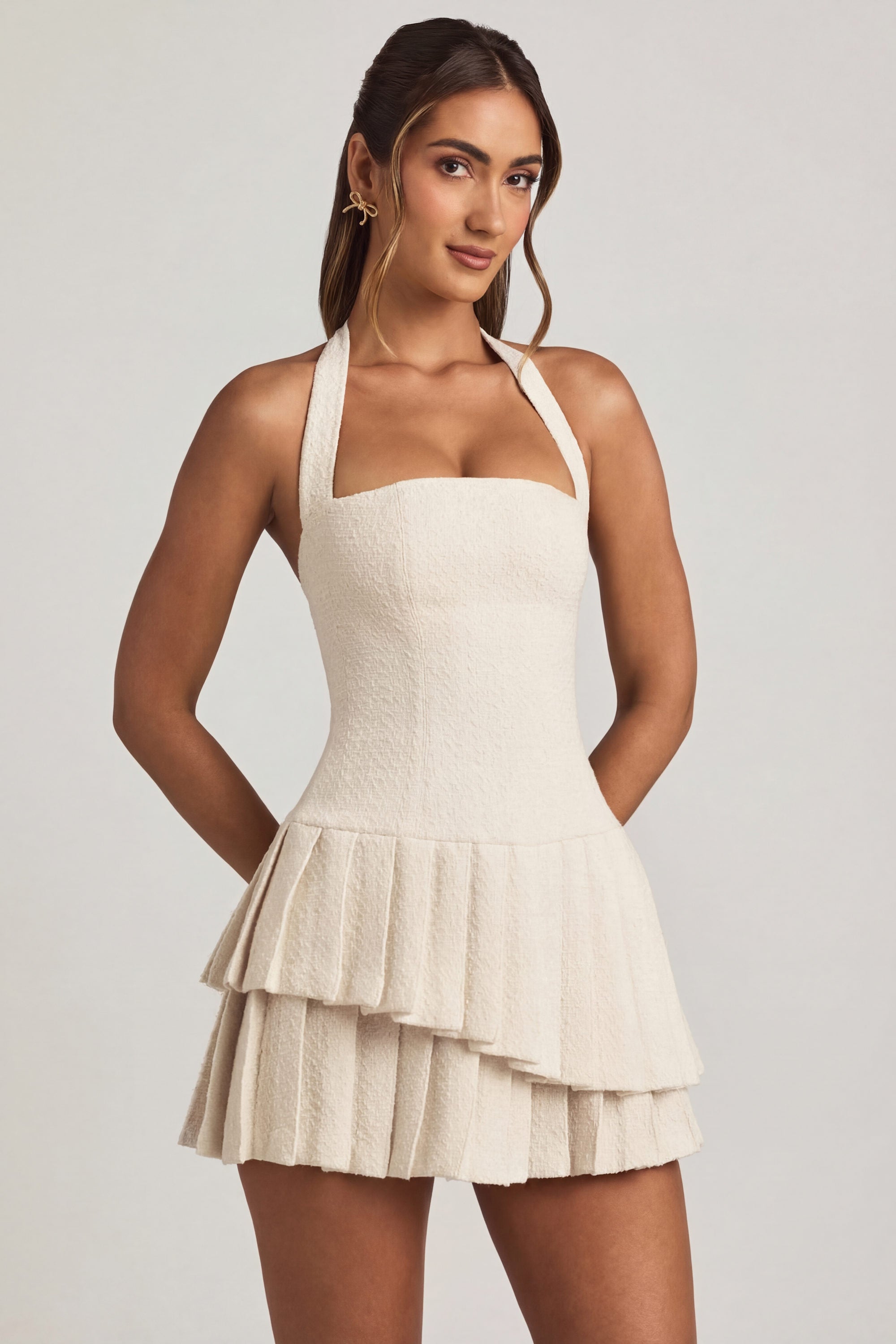 Asymmetric Layered Halterneck Mini Dress in Ivory