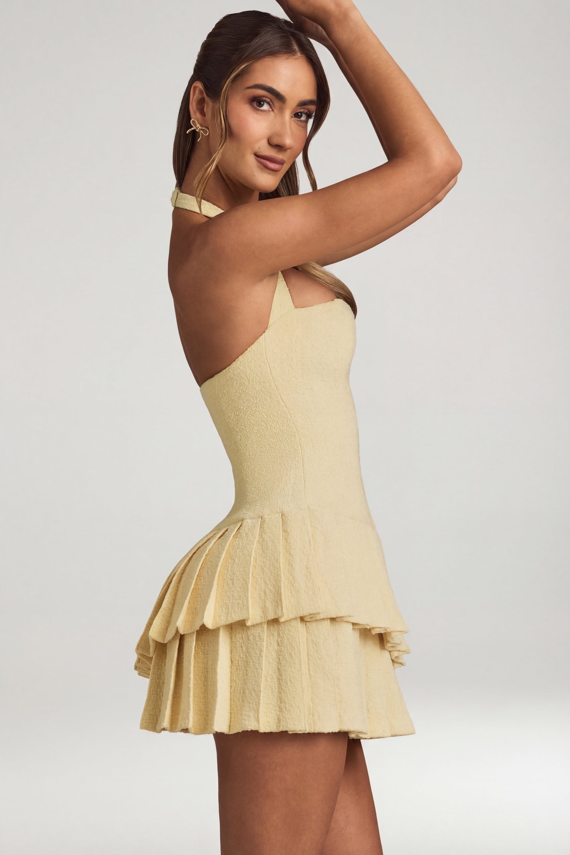 Asymmetric Layered Halterneck Mini Dress in Pastel Yellow