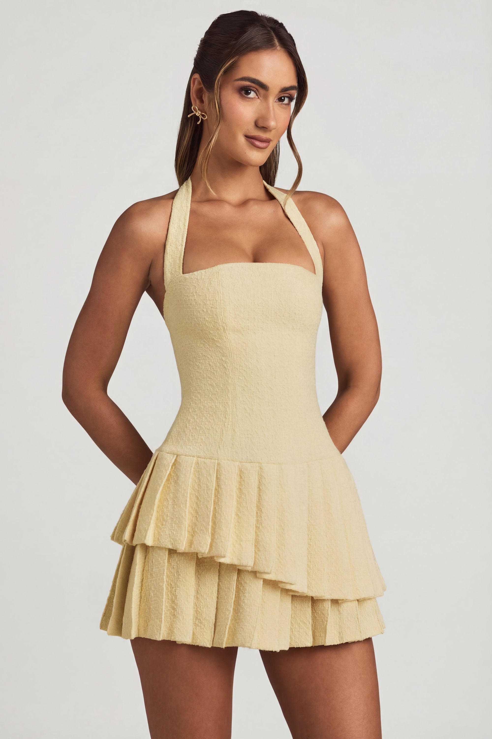 Asymmetric Layered Halterneck Mini Dress in Pastel Yellow