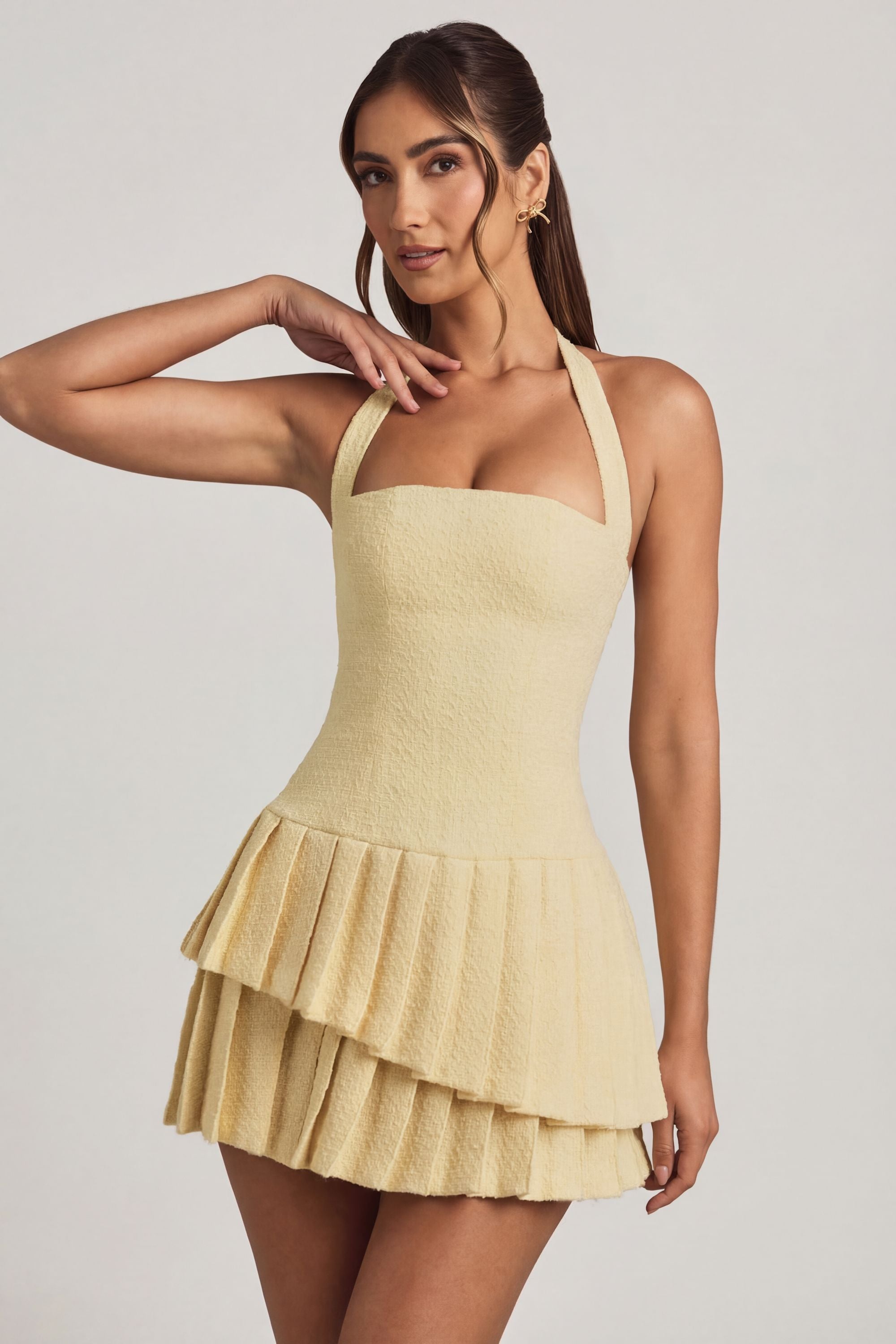 Asymmetric Layered Halterneck Mini Dress in Pastel Yellow