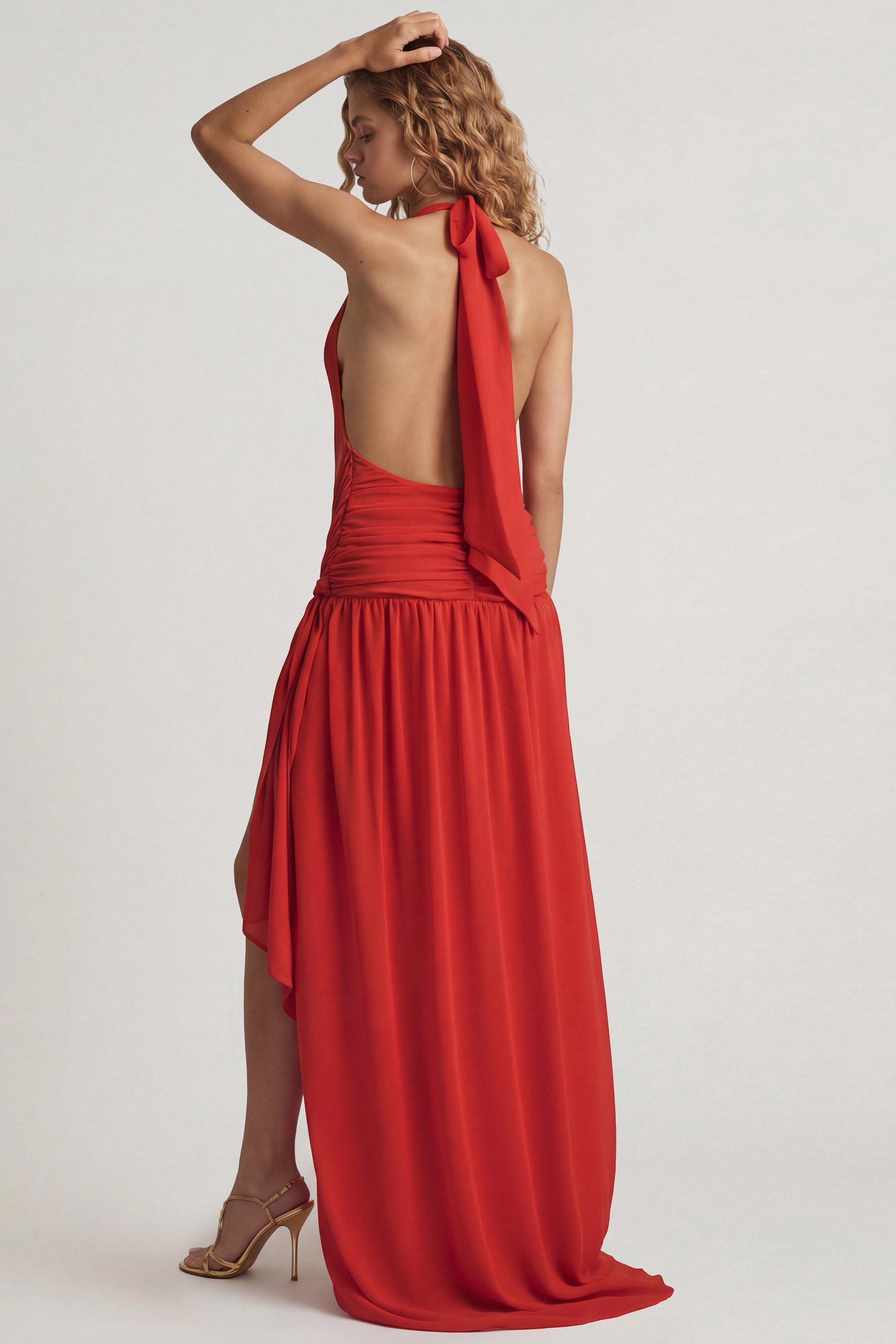 Asymmetric Halterneck Maxi Dress in Chilli Red