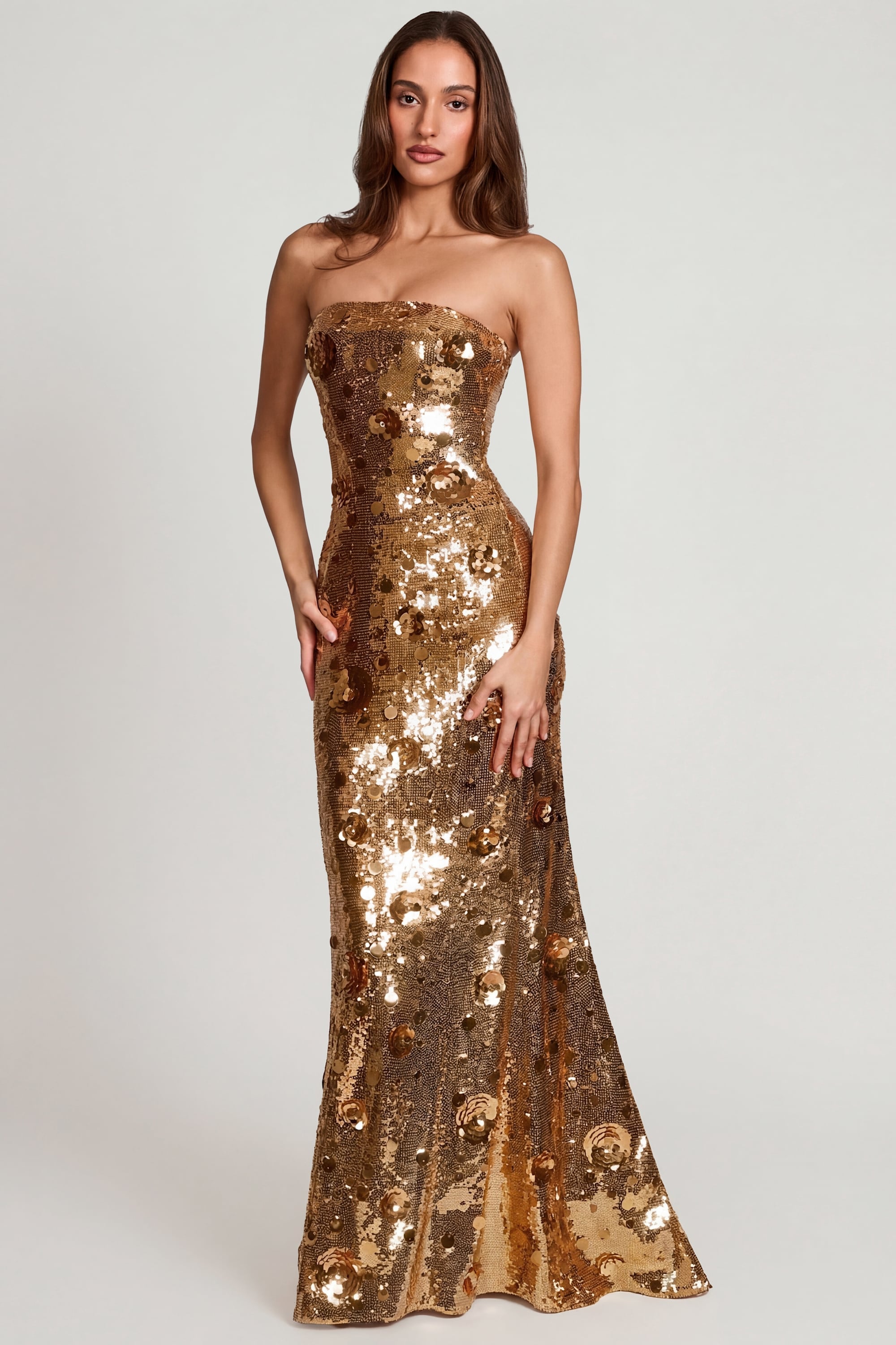 3D Embellished Bandeau Maxi Dress in Gold