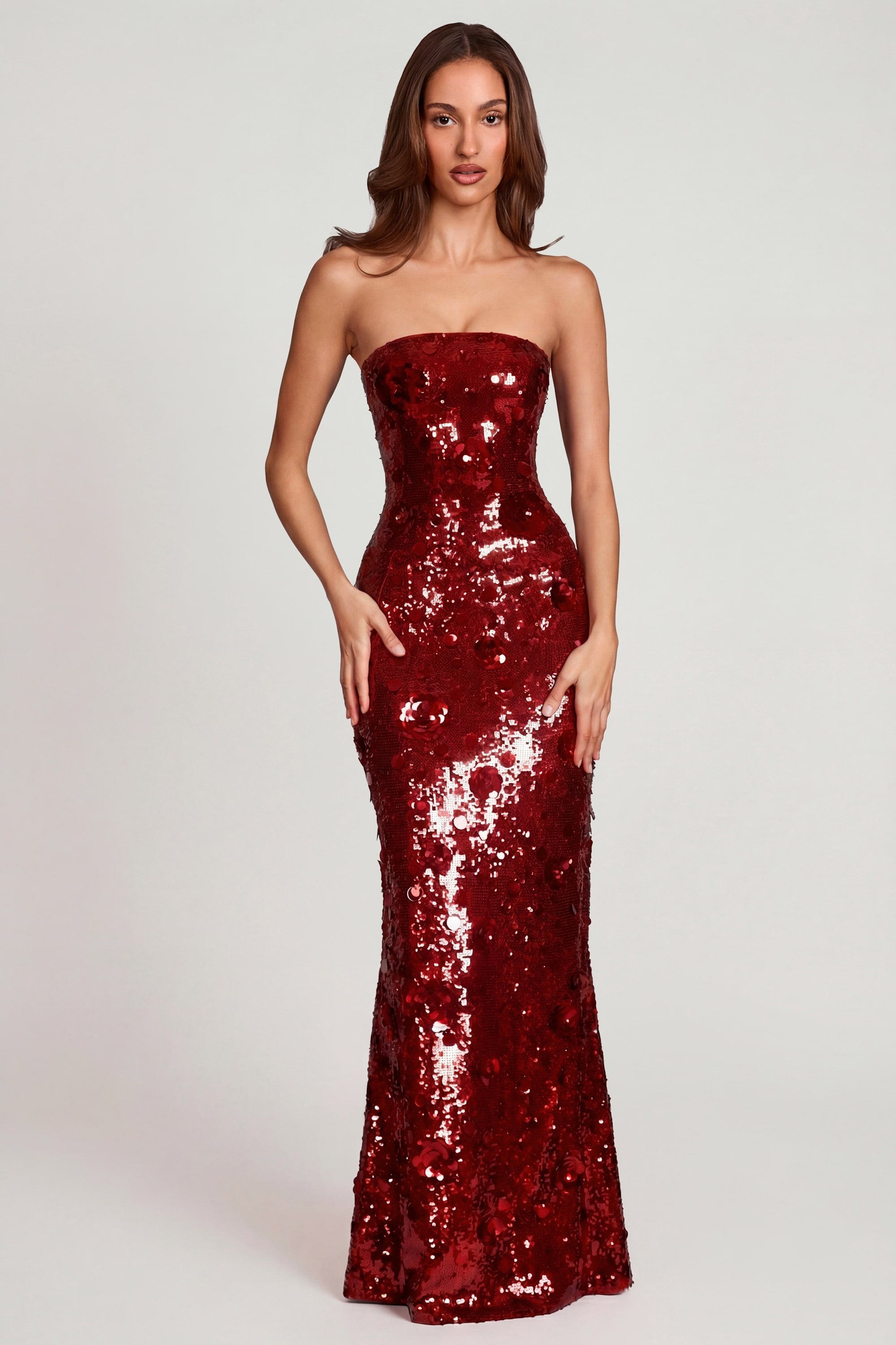 3D Embellished Bandeau Maxi Dress in Red