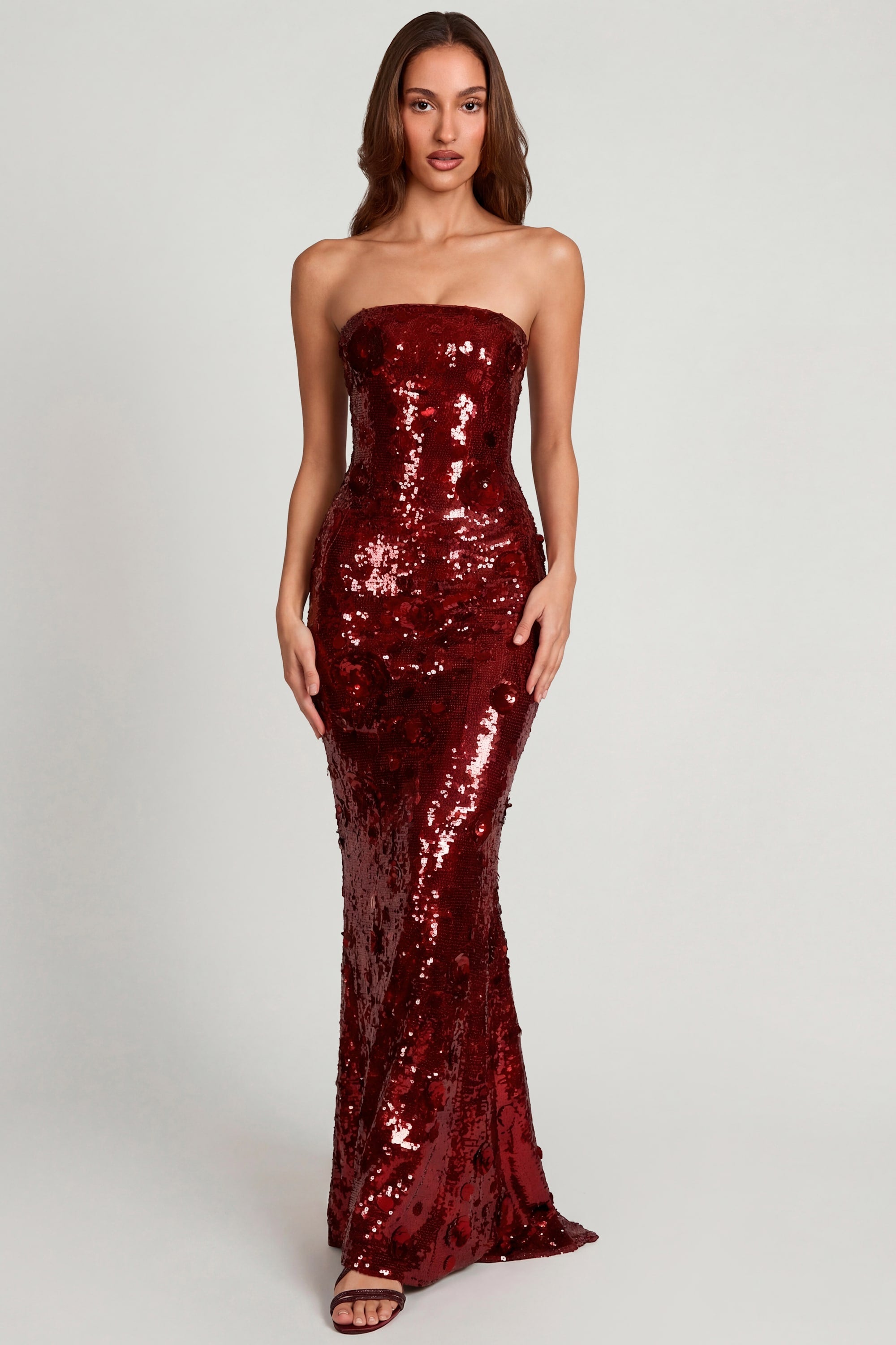 3D Embellished Bandeau Maxi Dress in Red