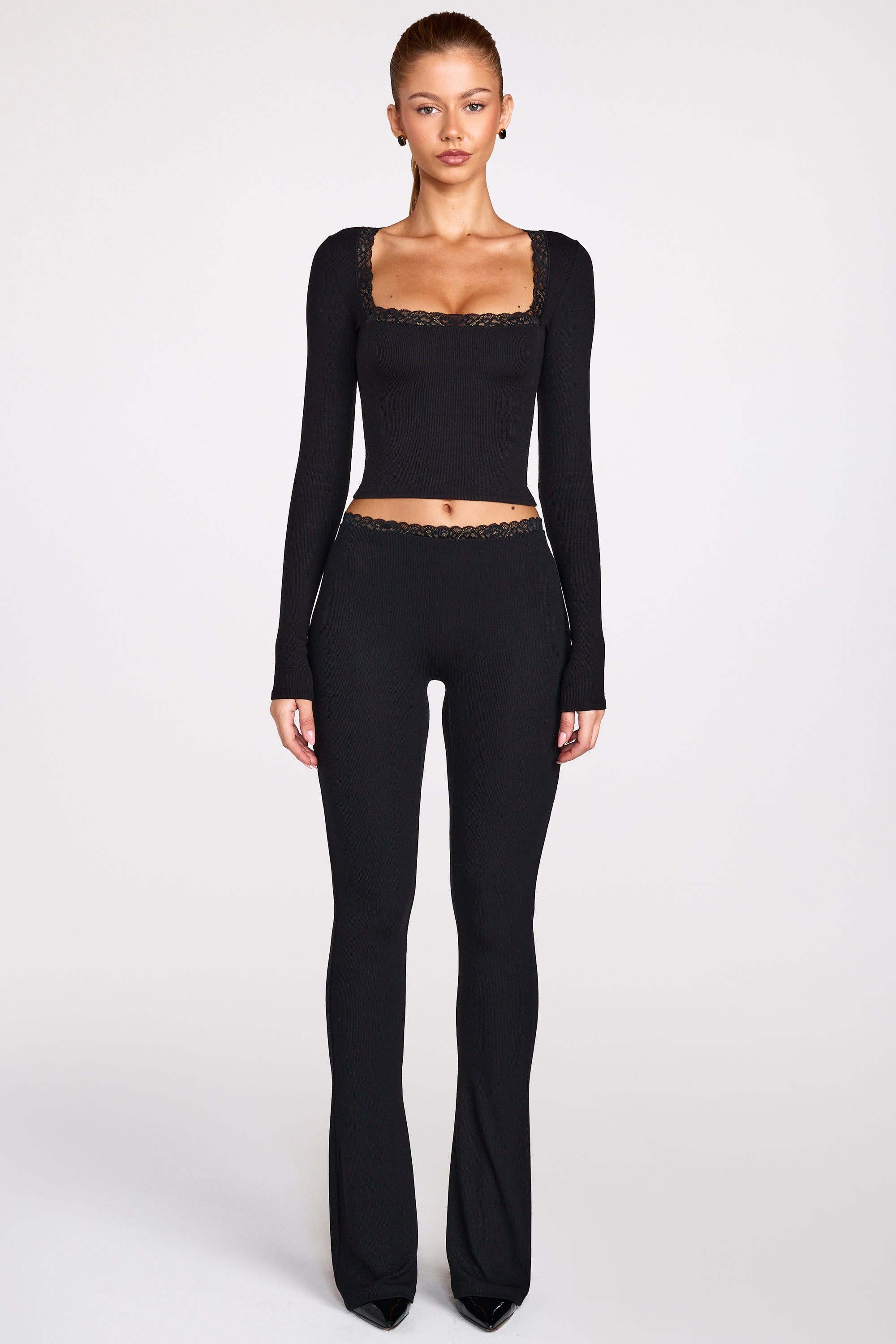 Ribbed Modal Square-Neck Long-Sleeve Top in Black