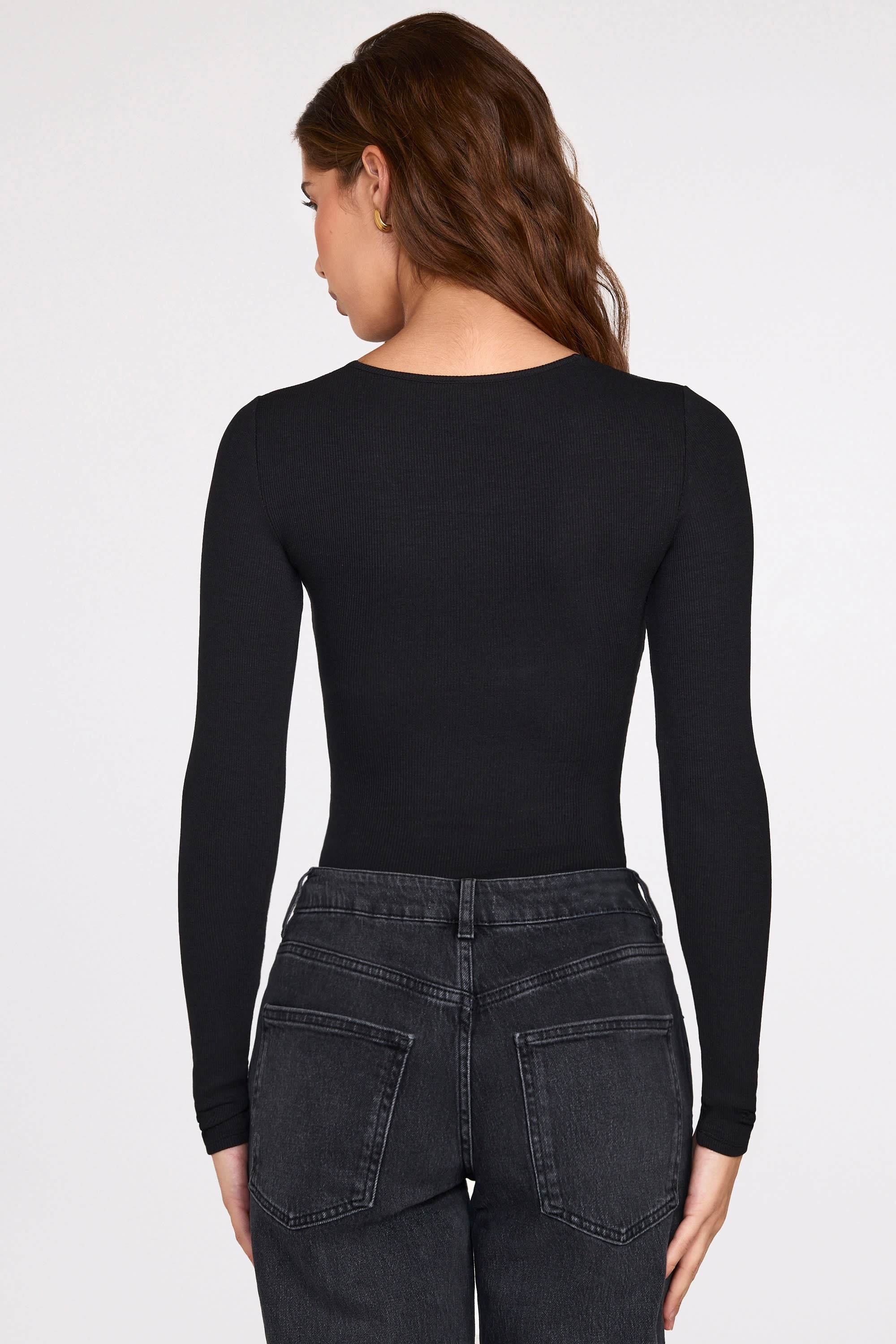 Ribbed Modal Long-Sleeve Plunge Bodysuit in Black
