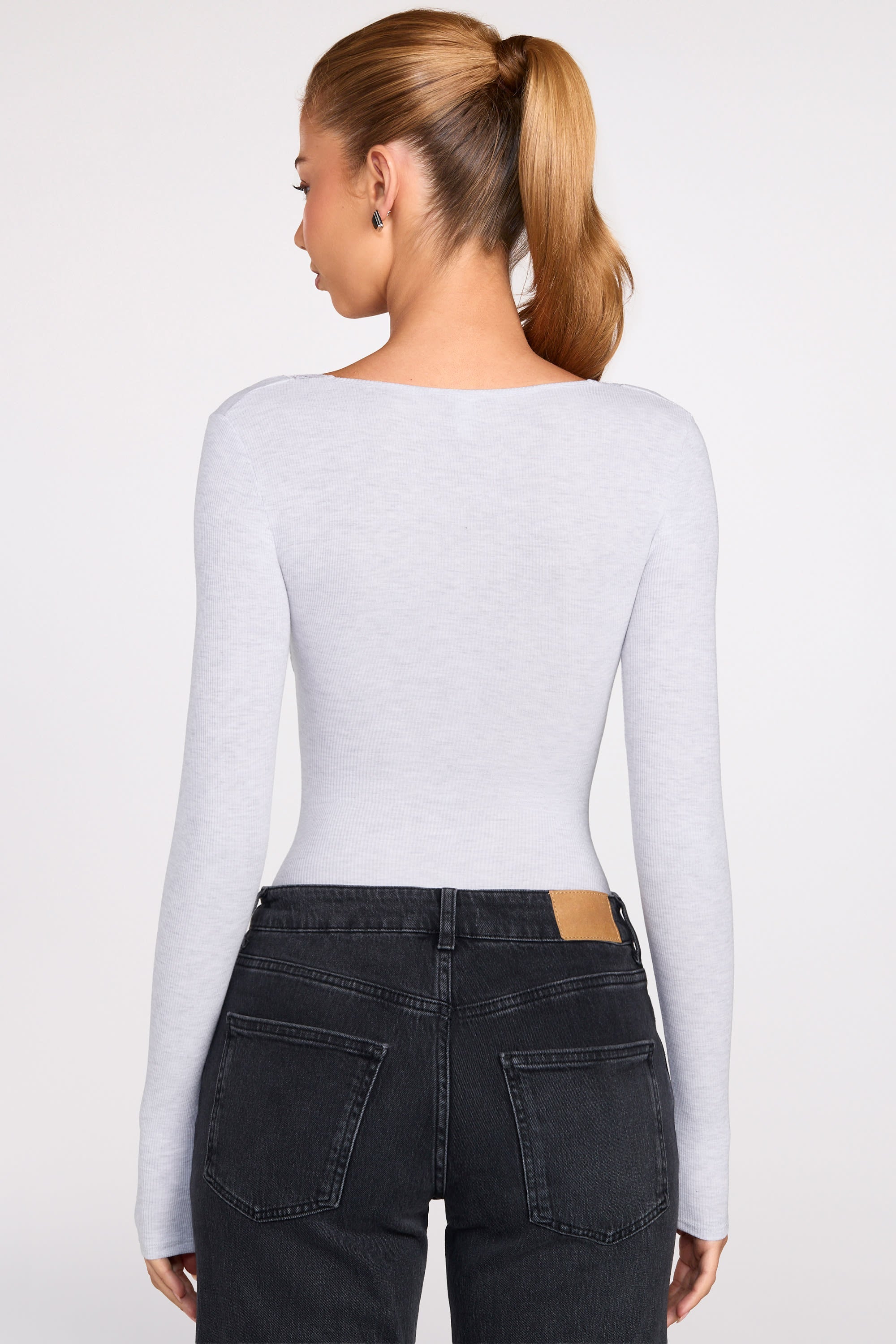 Ribbed Modal Long-Sleeve Plunge Bodysuit in Grey