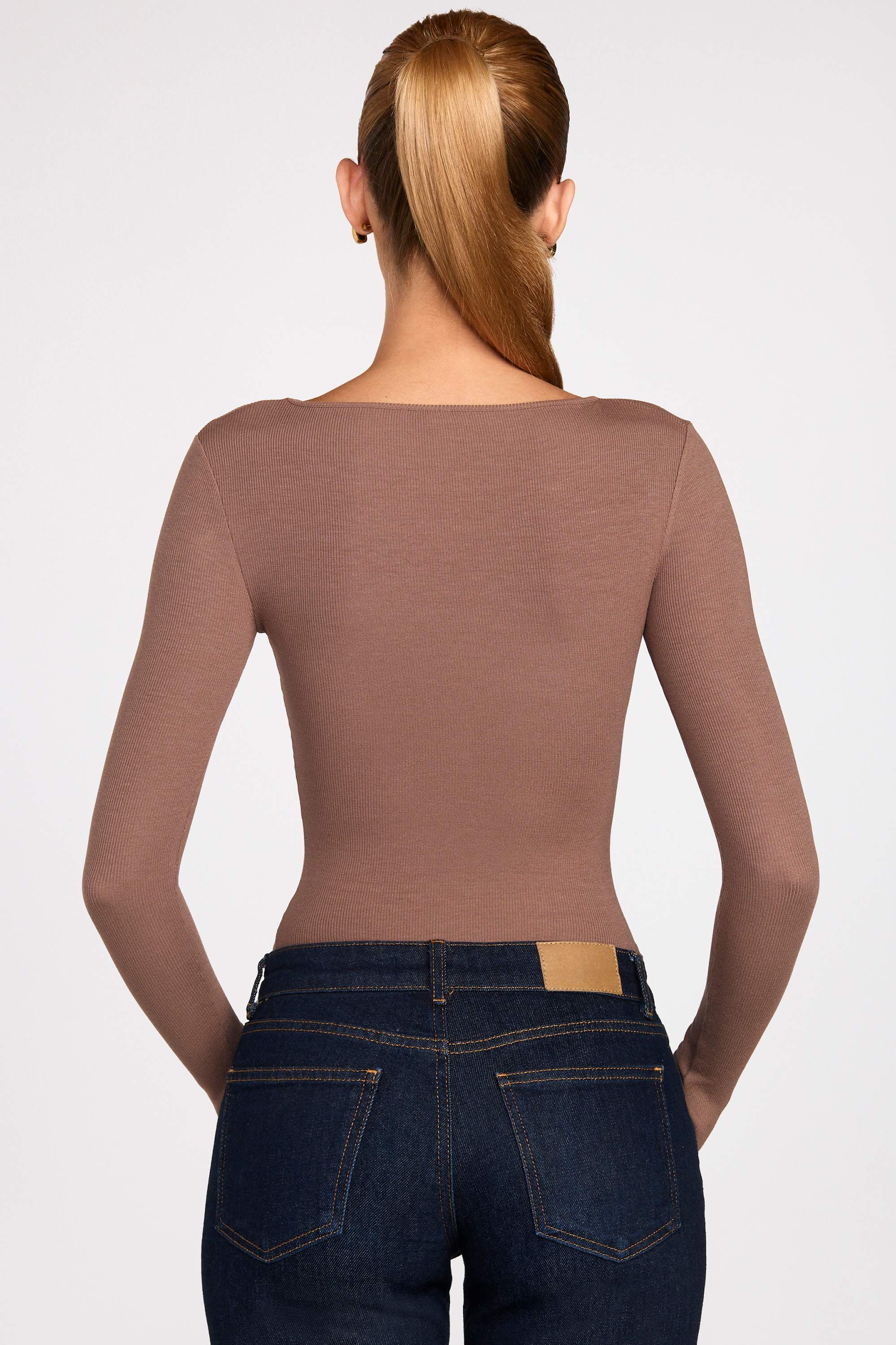 Ribbed Modal Ruched Long-Sleeve Top in Mocha