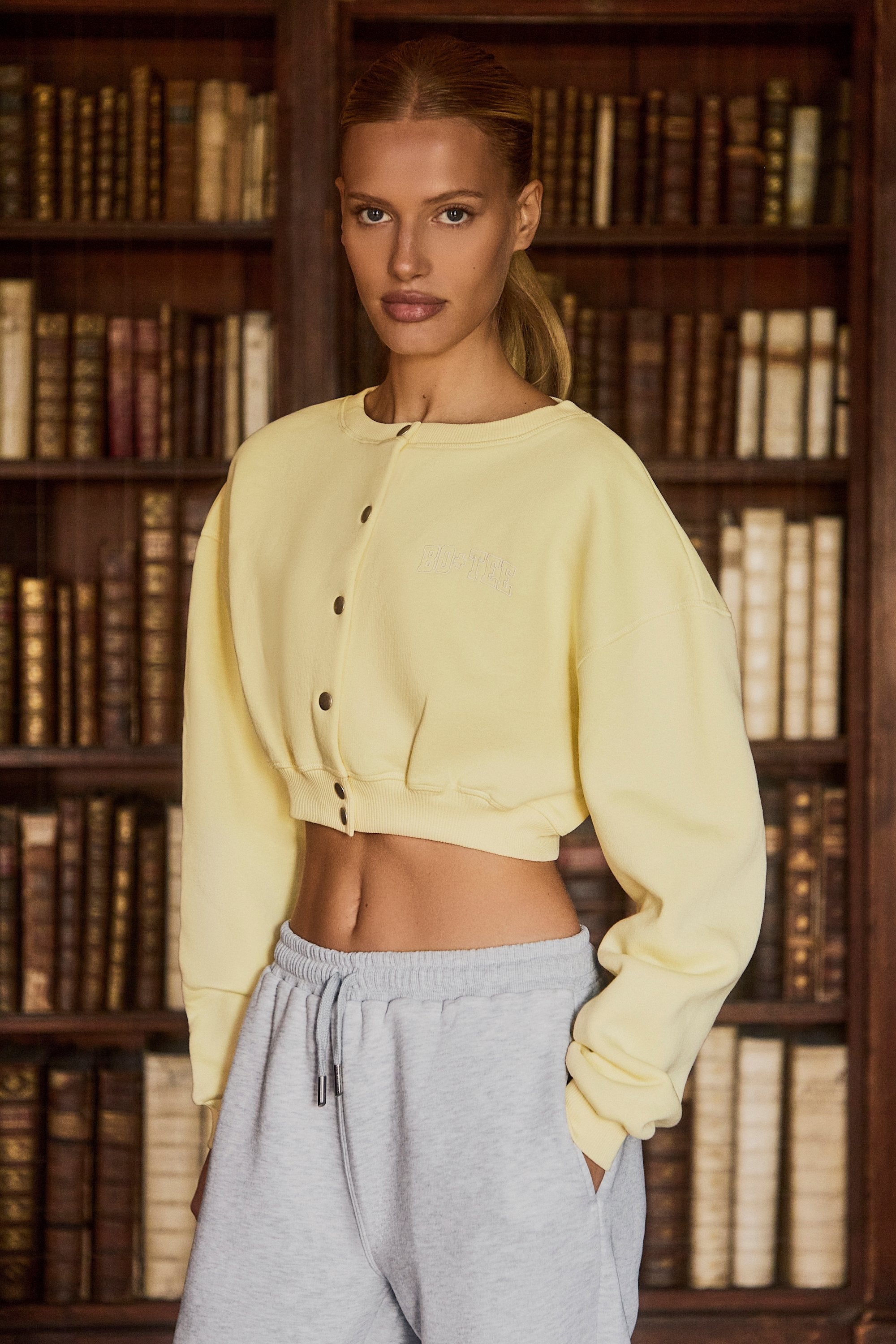Brushed Jersey Button-Up Cropped Cardigan in Soft Yellow