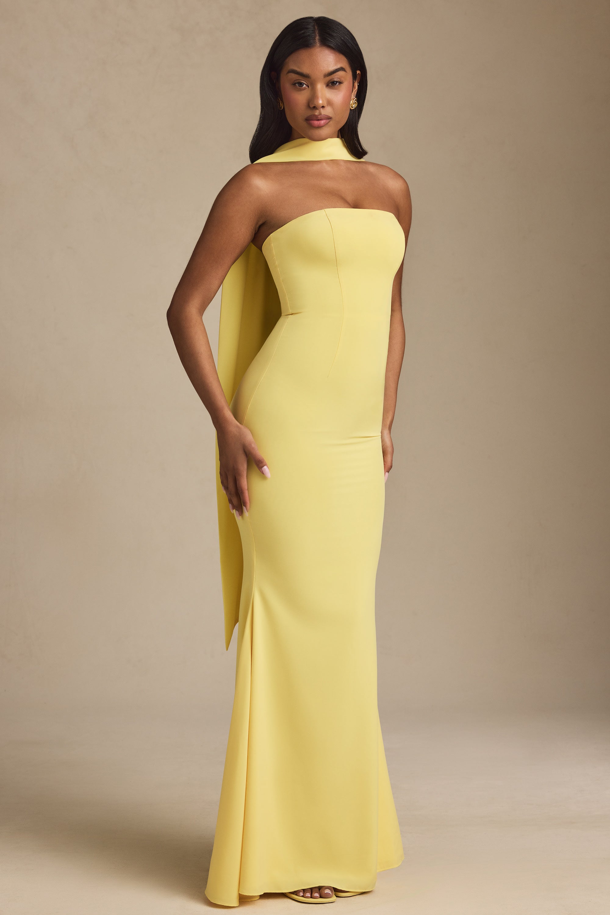 Scarf-Detail Strapless Gown in Pastel Yellow