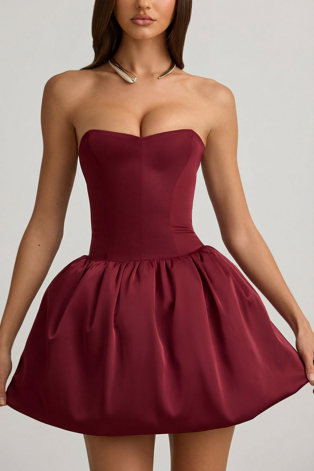 Convertible Bow-Detail Bubble Hem Midaxi Dress in Wine Red