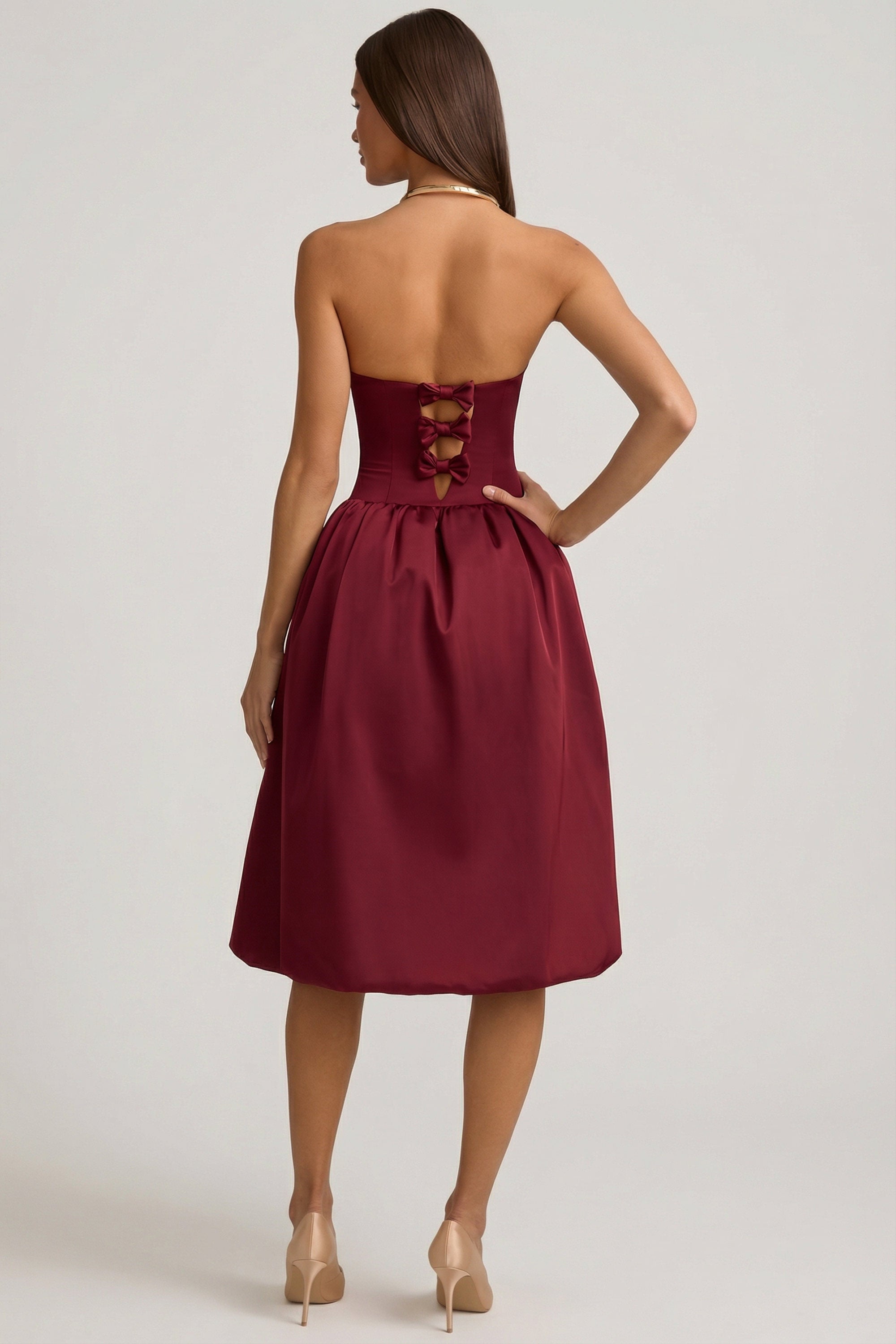 Convertible Bow-Detail Bubble Hem Midaxi Dress in Wine Red