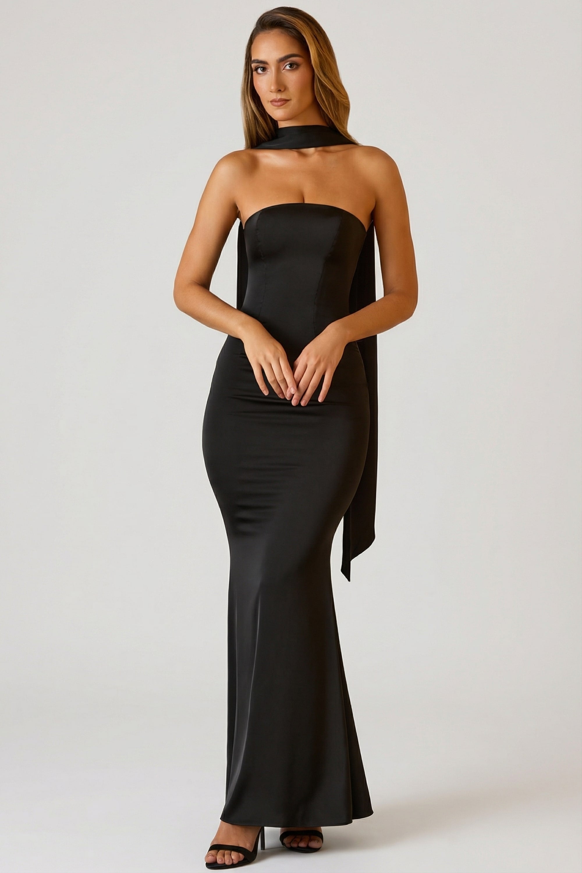 Scarf-Detail Strapless Gown in Black
