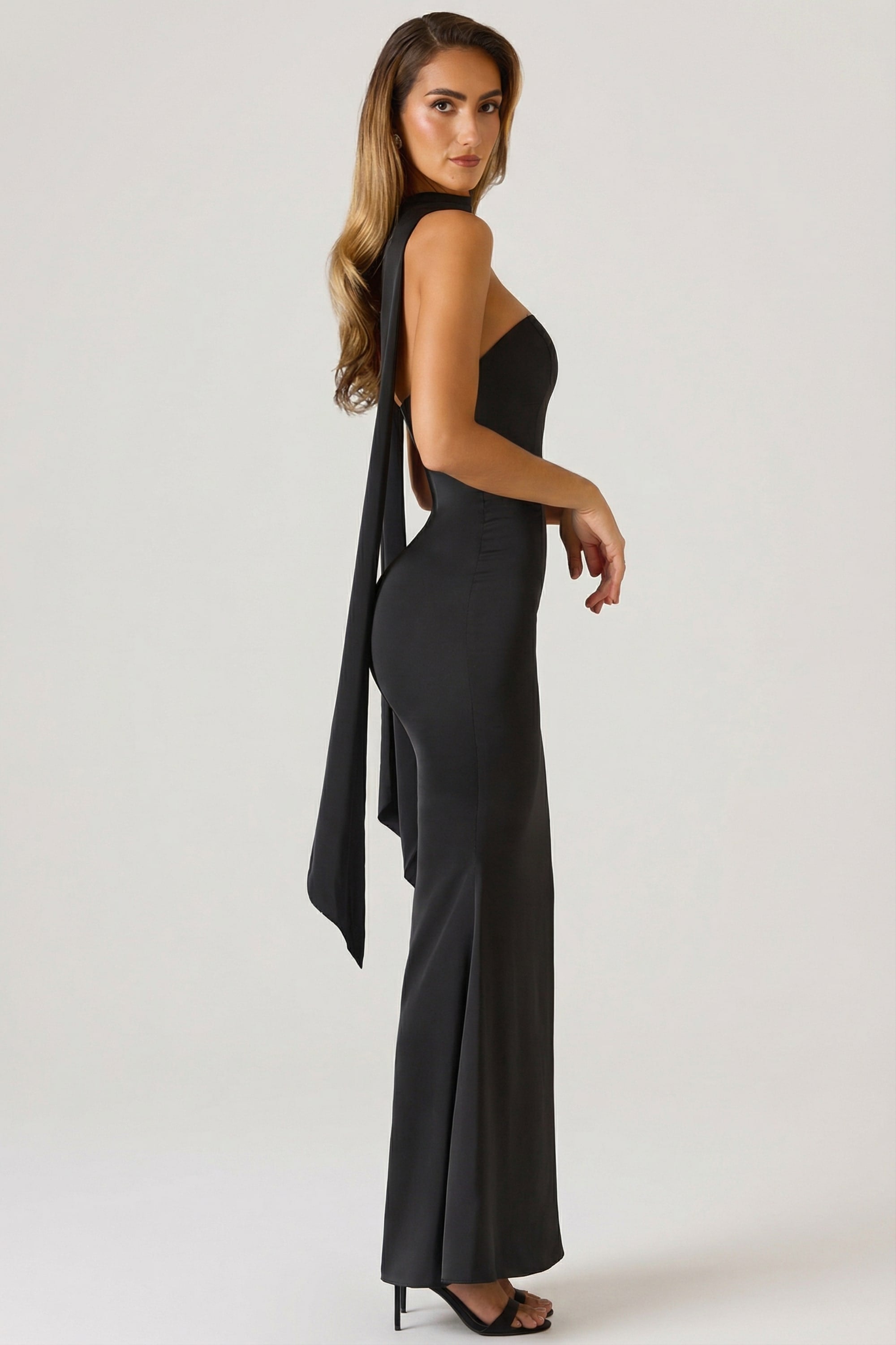 Scarf-Detail Strapless Gown in Black