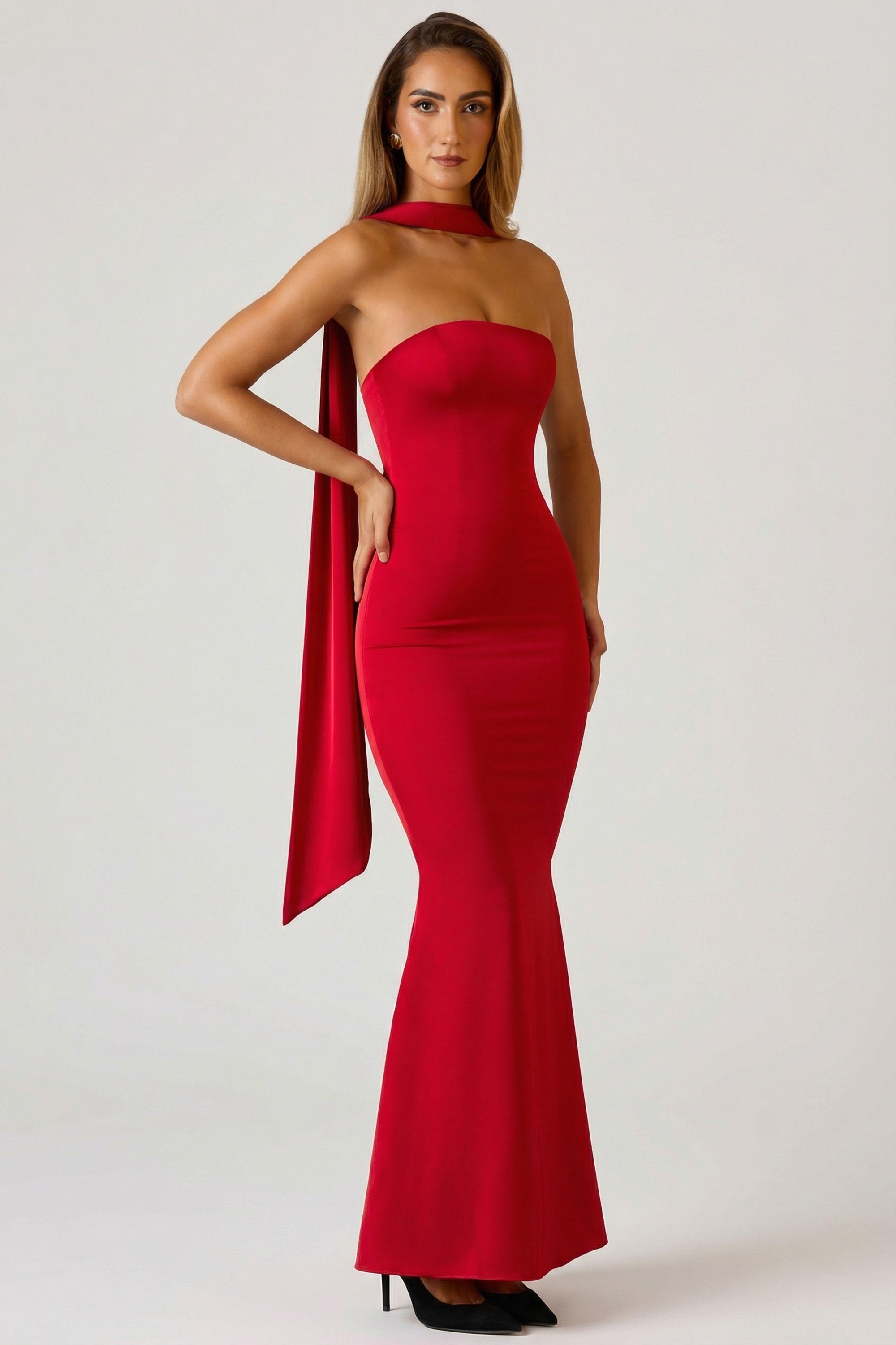 Scarf-Detail Strapless Gown in Scarlet Red