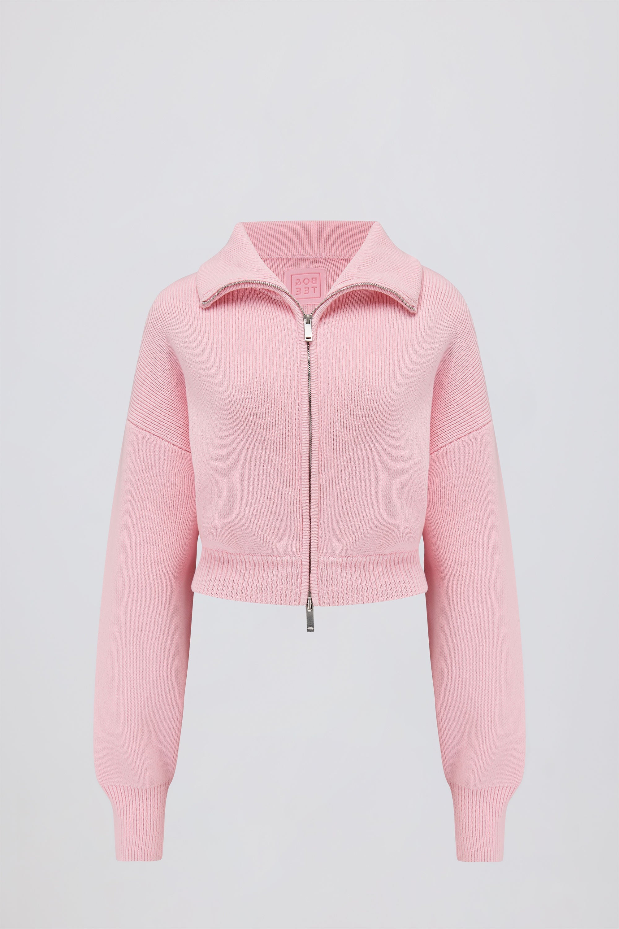 Ribbed Knit Zip-Up Cropped Sweatshirt in Pale Pink