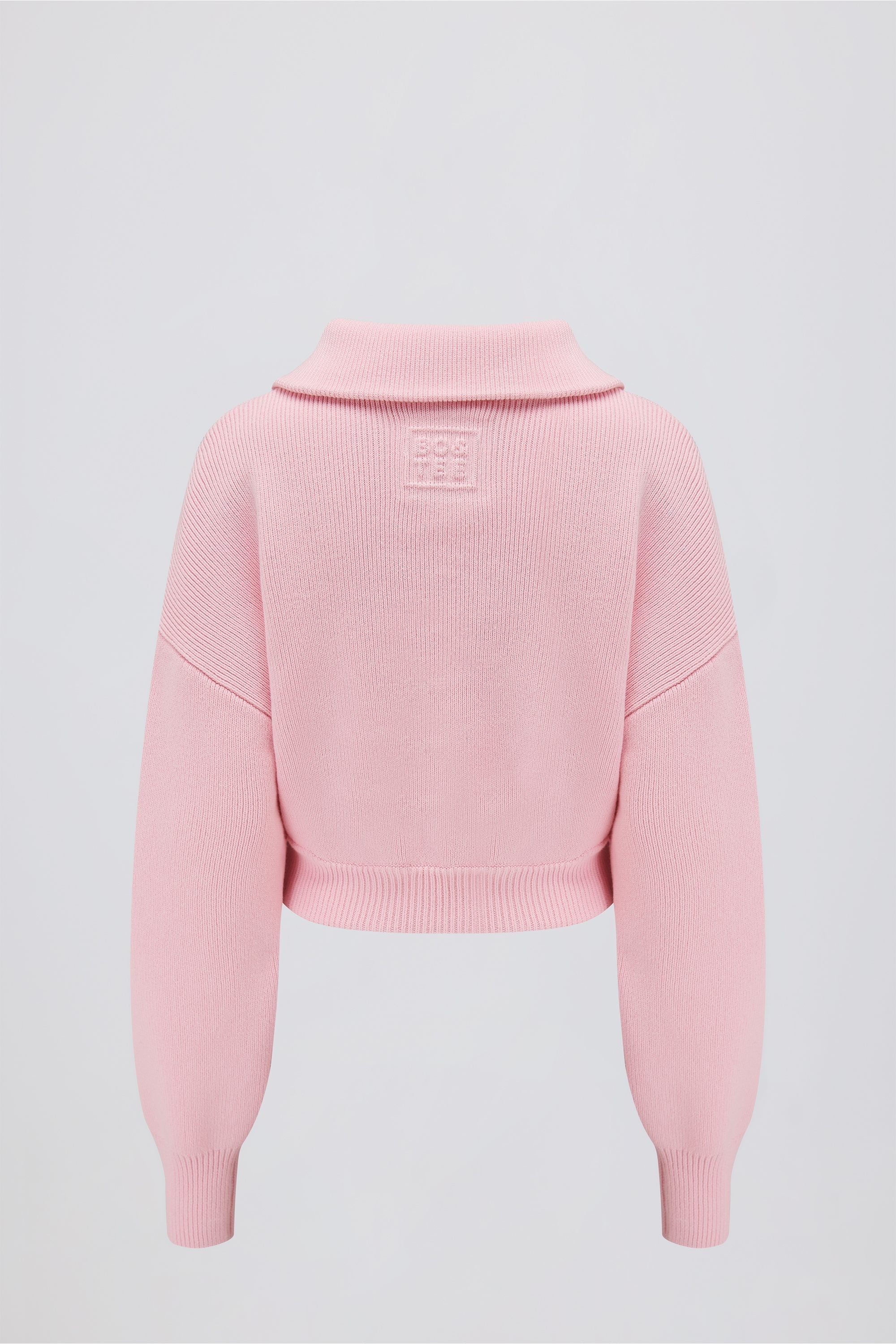 Ribbed Knit Zip-Up Cropped Sweatshirt in Pale Pink